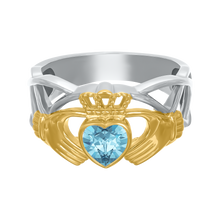 Load image into Gallery viewer, Celtic Crystal Claddagh Ring - Aquamarine Blue